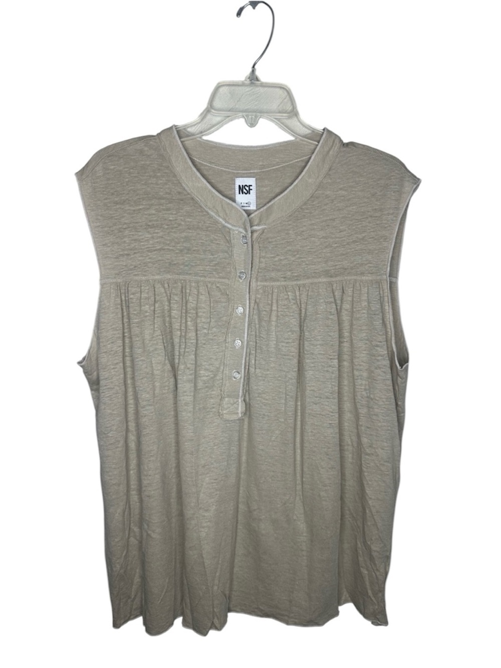 NSF Lightweight Sleeveless linen Henley Tank in Taupe large